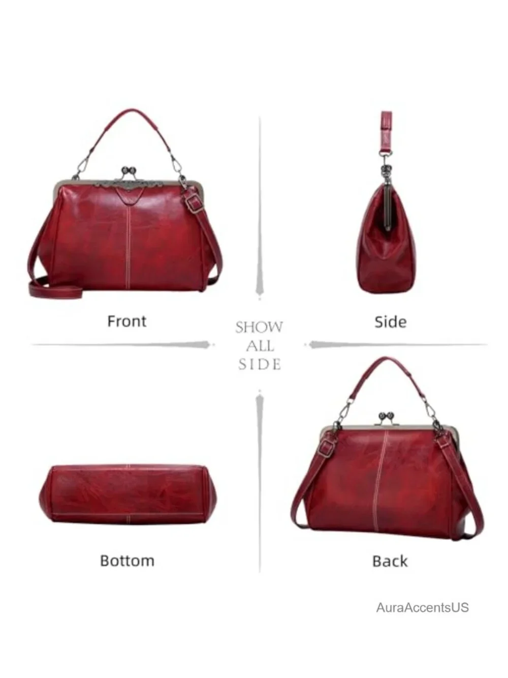 Vintage Kiss Lock Satchel Crossbody Purse Faux Leather Women Handbag